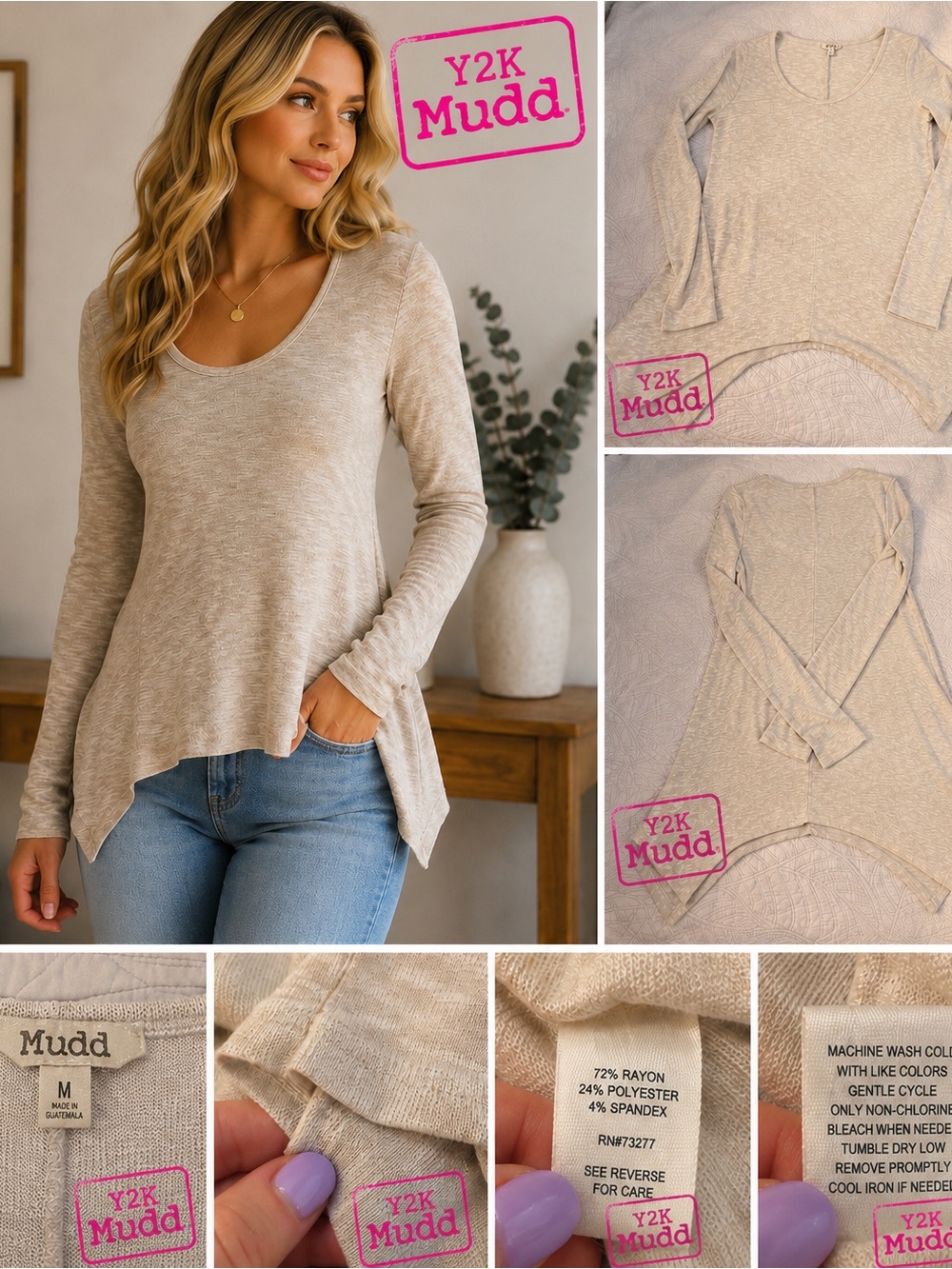 Mudd Y2K Beige Asymmetrical Handkerchief Hem Knit Tunic Top M